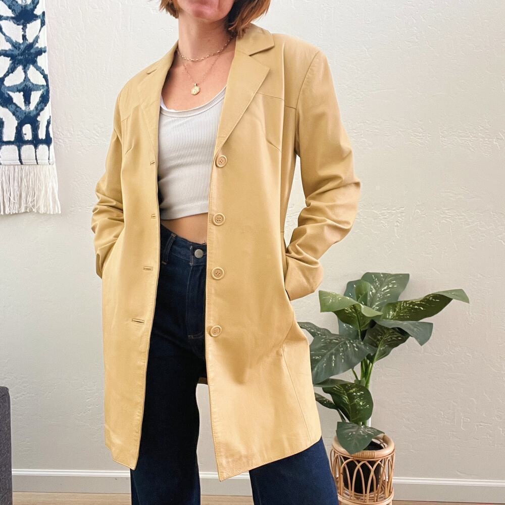 Vintage 1990's Tan 100% Leather Blazer Trench Jacket